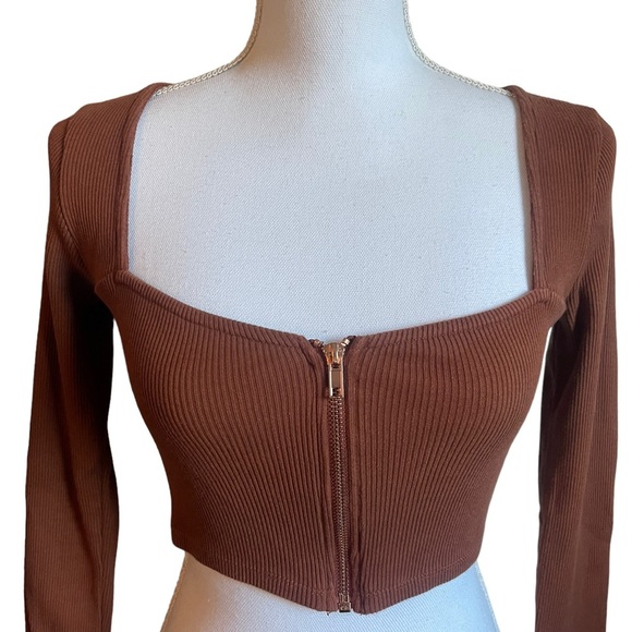PACSUN L.A. Hearts Brown Square Neck Long Sleeve Ribbed Zip Up Crop Top Small - Picture 2 of 12